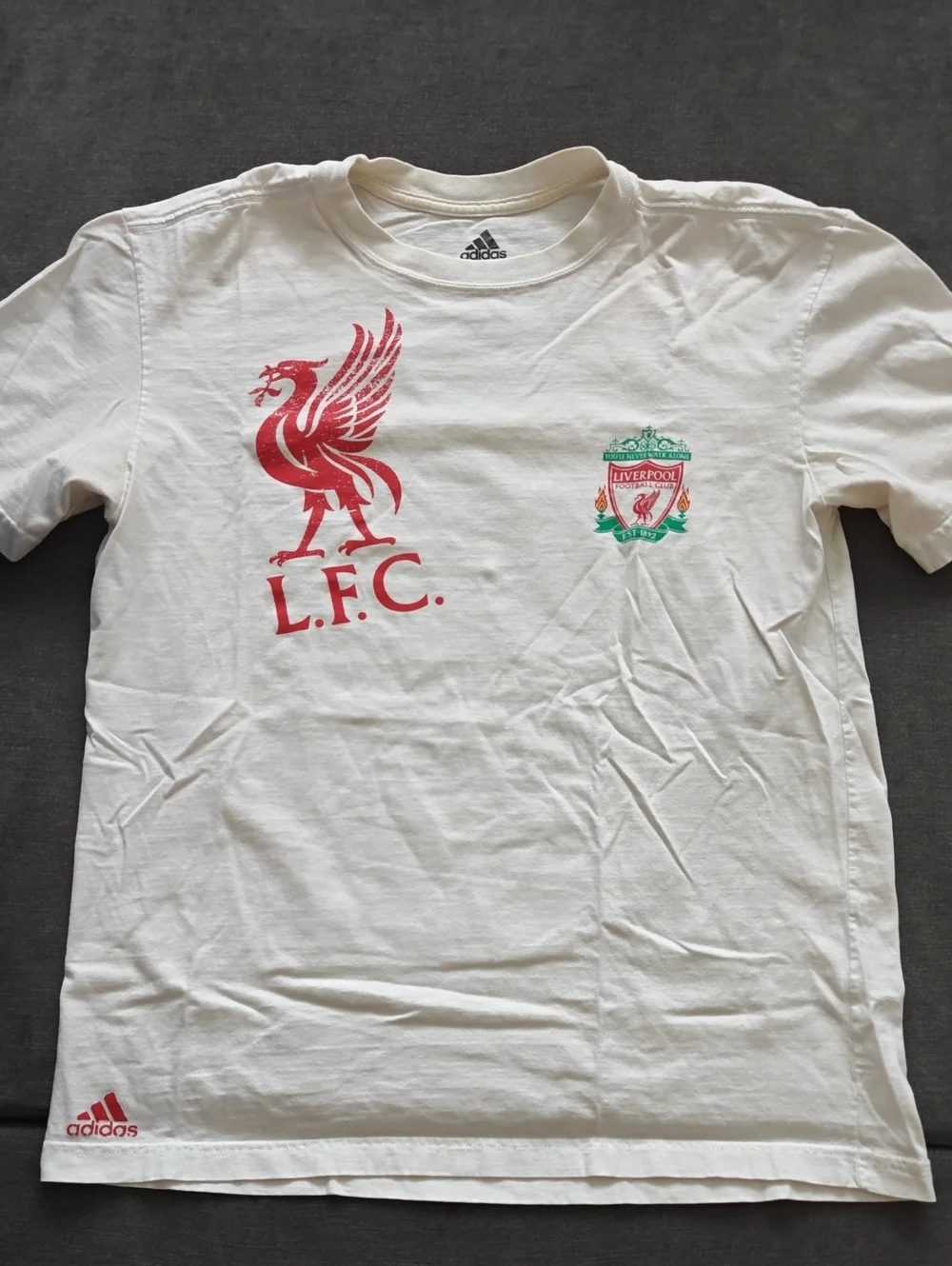adidas White Liverpool FC Crest Tee with Red Logo